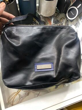 Versace Black Leather Toiletry Bag with Purple Trim